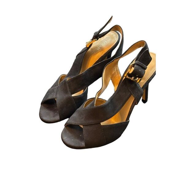 Michael Kors 6M Women's Black Suede Peep-Toe Slingback Heels With Gold Buckle - Picture 2 of 13